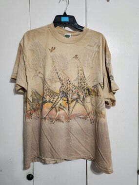Vintage 90s Rainforest Cafe Giraffe AOP Shirt Size XL Tan All Over Print Safari